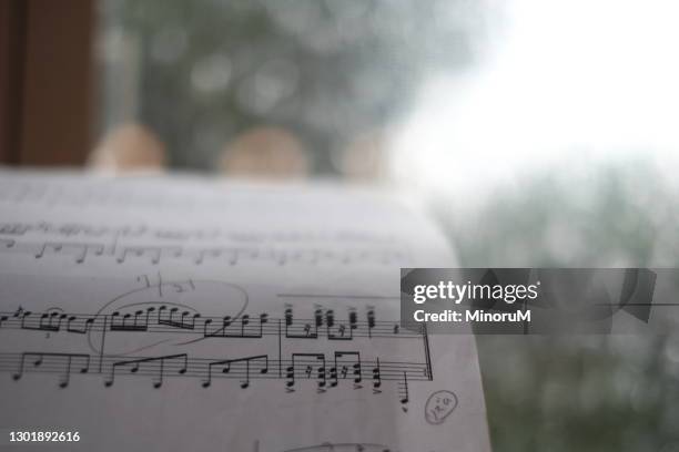 sheet music placed on piano - nothäfte bildbanksfoton och bilder