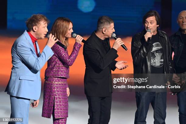 Eddy de Pretto, Vanessa Paradis, Etienne Daho and Thomas Dutronc perform during the 36th "Victoires De La Musique" Award Ceremony at La Seine...