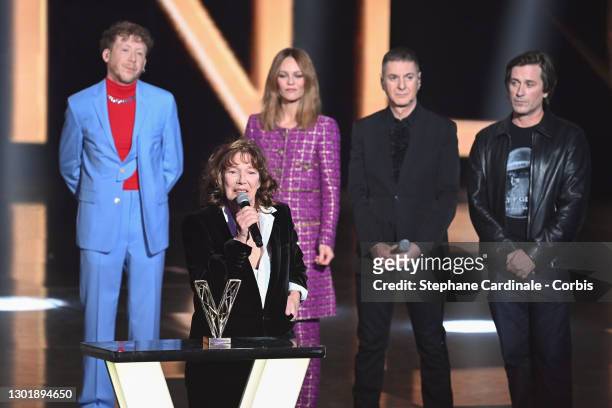 Jane Birkin receives a Honorary award next to Eddy de Pretto, Vanessa Paradis, Etienne Daho and Thomas Dutronc during the 36th "Victoires De La...
