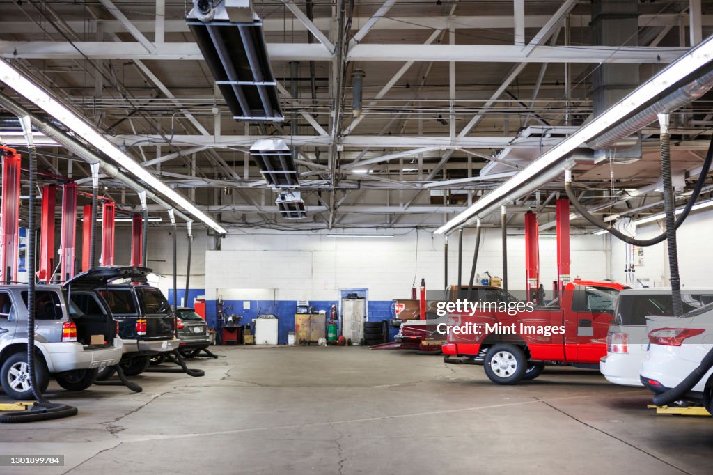 Rows of cars and trucks in auto repair shop