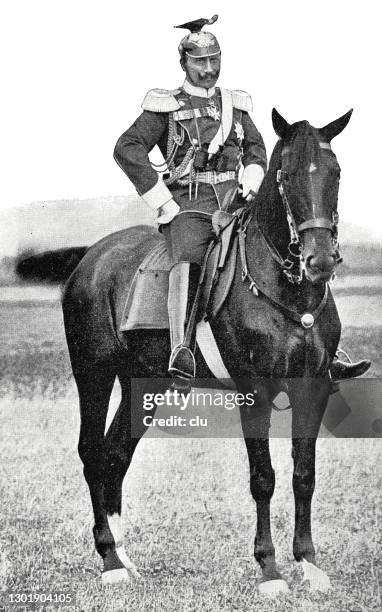 kaiser wilhelm ii on horse in the maneuver field, standing - wilhelm ii stock illustrations