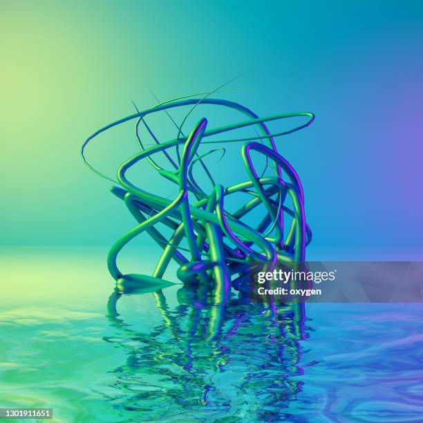 abstract 3d wave tangled splines shape fiber cable line neon green violet with water reflection background - tentacle imagens e fotografias de stock