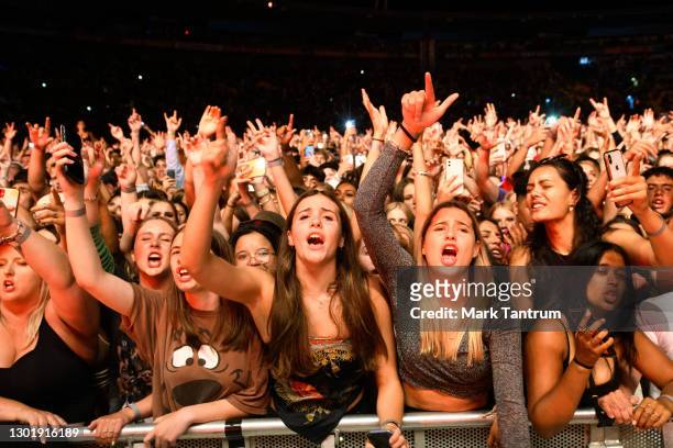 Fans react to Six60's performance at Sky Stadium on February 13, 2021 in Wellington, New Zealand. Around 30,000 fans attended the Six60 Saturdays...