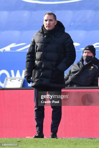 Brendan Rodgers, Manager of Leicester City looks on during the Premier League match between Leicester City and Liverpool at The King Power Stadium on...