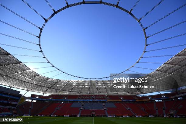 General view inside the stadium prior to the Bundesliga match between Bayer 04 Leverkusen and 1. FSV Mainz 05 at BayArena on February 13, 2021 in...