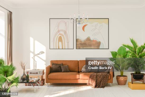 living room in boho style - domestic room stock-fotos und bilder