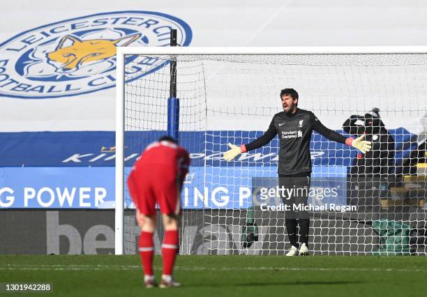 Alisson of Liverpool reacts after conceding a third goal during the Premier League match between Leicester City and Liverpool at The King Power...