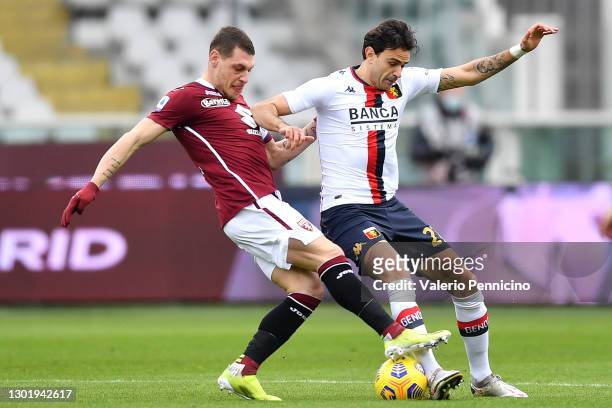 Andrea Belotti of Torino battles for possession with Ivan Radovanovic of Genoa during the Serie A match between Torino FC and Genoa CFC at Stadio...