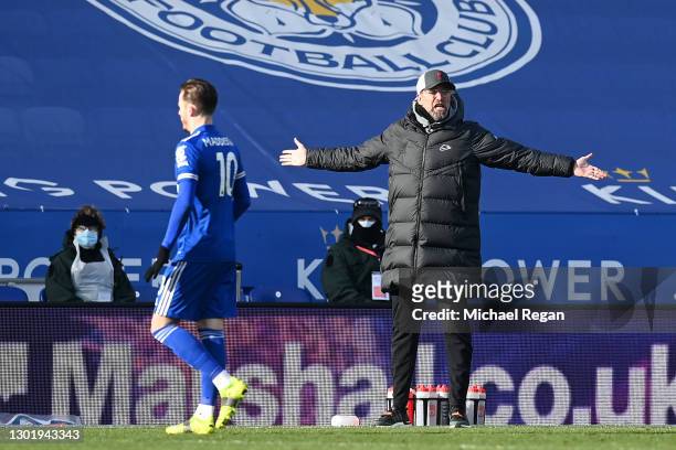 Jurgen Klopp, Manager of Liverpool reacts during the Premier League match between Leicester City and Liverpool at The King Power Stadium on February...