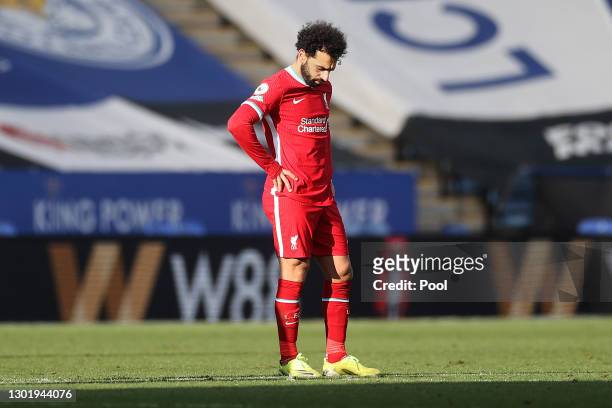 Mohamed Salah of Liverpool looks dejected following his team's defeat in the Premier League match between Leicester City and Liverpool at The King...