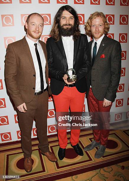 Simon Neil, Ben Johnston and James Johnston of Best Live Act Winner Biffy Clyro pose at the Q awards at The Grosvenor House Hotel on October 24, 2011...