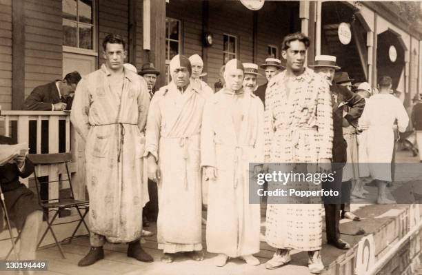 The gold medal winning 4 x 200 metre freestyle relay team from the USA at the Olympic Games in Antwerp, circa August 1920. Left to right: Norman...