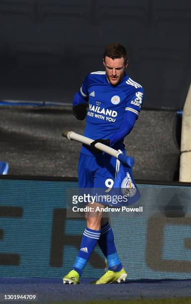 Leicester City's Jamie Vardy celebrates after scoring the second goal during the Premier League match between Leicester City and Liverpool at The...