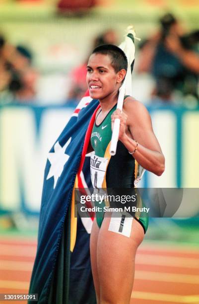 Cathy Freeman of Australia after winning the Women's 400m final at The 6th IAAF World Athletics Championships at the Olympic Stadium. August 4th 1997...