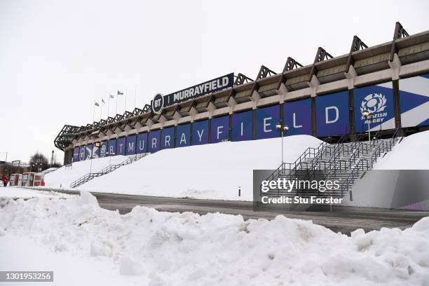 General view of the snow outside the stadium prior to the Guinness Six Nations match between Scotland and Wales at Murrayfield on February 13, 2021...