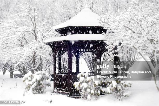 beautiful wood gazebo in a snow storm in pennsylvania - pavilion stock pictures, royalty-free photos & images