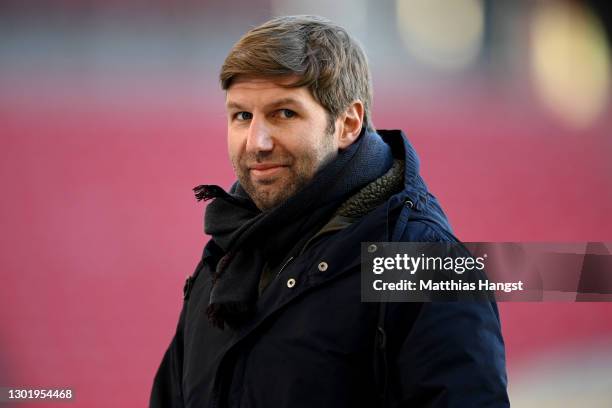 Thomas Hitzlsperger, CEO of VfB Stuttgart looks on during the Bundesliga match between VfB Stuttgart and Hertha BSC at Mercedes-Benz Arena on...