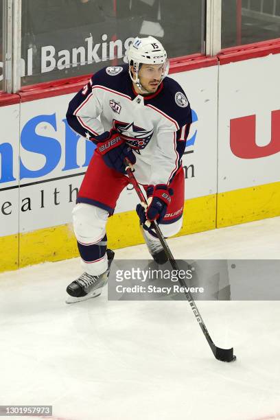 Michael Del Zotto of the Columbus Blue Jackets controls the puck during a game against the Chicago Blackhawks at the United Center on February 11,...