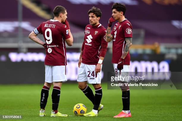 Andrea Belotti, Simone Verdi and Daniele Baselli of Torino FC interact following the Serie A match between Torino FC and Genoa CFC at Stadio Olimpico...