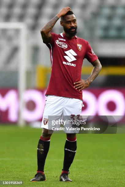 Nicolas Nkoulou of Torino FC reacts following the Serie A match between Torino FC and Genoa CFC at Stadio Olimpico di Torino on February 13, 2021 in...