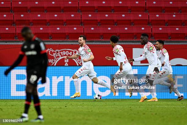 Kevin Stoeger of 1. FSV Mainz 05 celebrates after scoring his team's second goal during the Bundesliga match between Bayer 04 Leverkusen and 1. FSV...