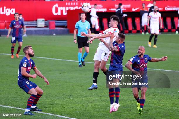 Munir of Sevilla scores his team's first goal during the La Liga Santander match between Sevilla FC and SD Huesca at Estadio Ramon Sanchez Pizjuan on...