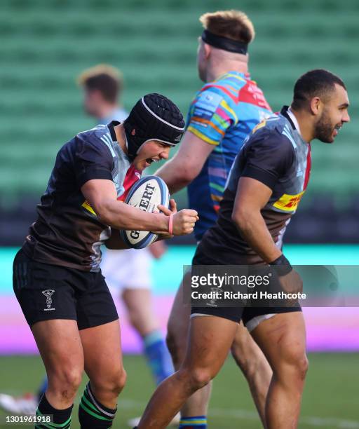 Marcus Smith of Harlequins celebrates after scoring their side's third try during the Gallagher Premiership Rugby match between Harlequins and...