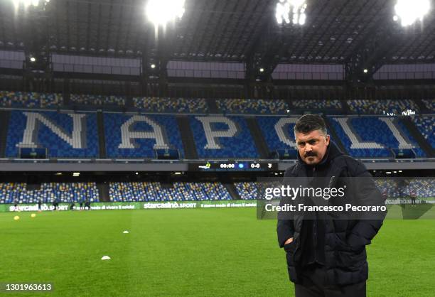 Gennaro Gattuso, Head Coach of SSC Napoli looks on prior to the Serie A match between SSC Napoli and Juventus at Stadio Diego Armando Maradona on...