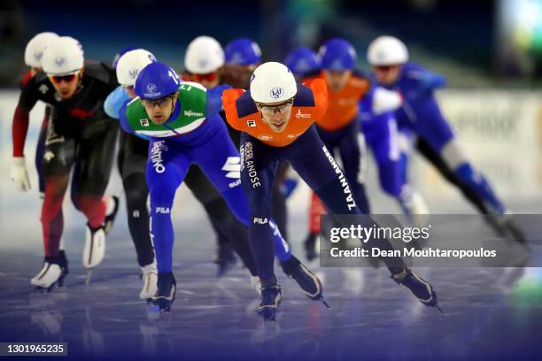 Jorrit Bergsma of Netherlands competes in the 1000m Mens race during Day 3 of the ISU World Speed Skating Championships at Thialf Arena on February...