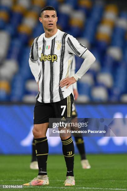 Cristiano Ronaldo of Juventus looks on during the Serie A match between SSC Napoli and Juventus at Stadio Diego Armando Maradona on February 13, 2021...