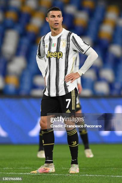 Cristiano Ronaldo of Juventus looks on during the Serie A match between SSC Napoli and Juventus at Stadio Diego Armando Maradona on February 13, 2021...