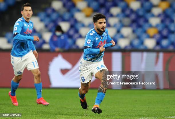 Lorenzo Insigne of Napoli celebrates after scoring their side's first goal from the penalty spot during the Serie A match between SSC Napoli and...