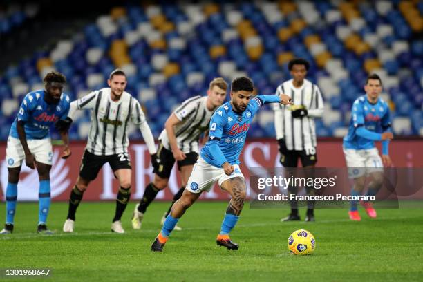 Lorenzo Insigne of S.S.C. Napoli scores their team's first goal from the penalty spot during the Serie A match between SSC Napoli and Juventus at...