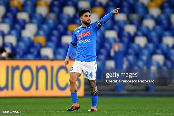 Lorenzo Insigne of Napoli celebrates after scoring their side's first goal from the penalty spot during the Serie A match between SSC Napoli and...