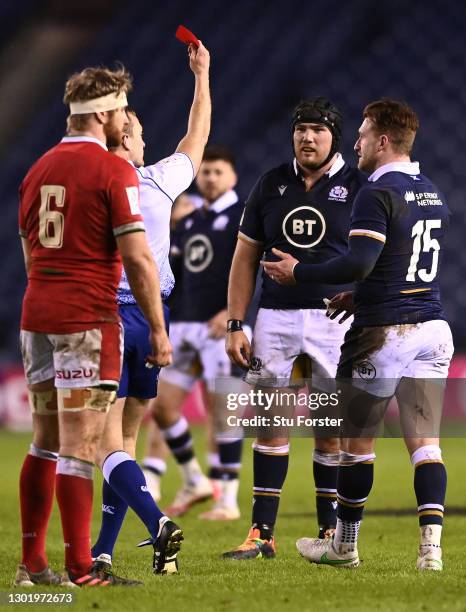 Zander Fagerson of Scotland is shown a red card during the Guinness Six Nations match between Scotland and Wales at Murrayfield on February 13, 2021...