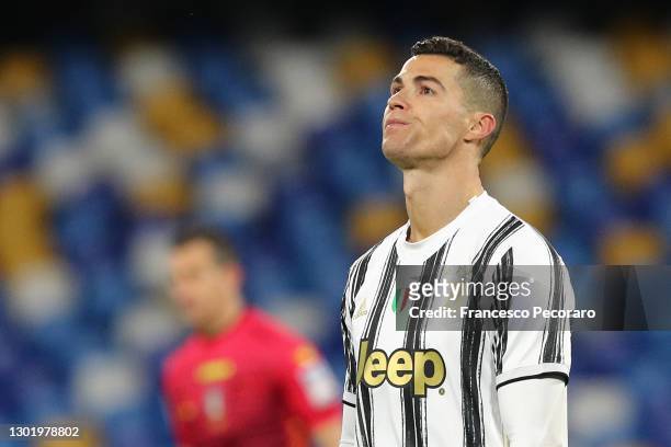 Cristiano Ronaldo of Juventus reacts during the Serie A match between SSC Napoli and Juventus at Stadio Diego Armando Maradona on February 13, 2021...