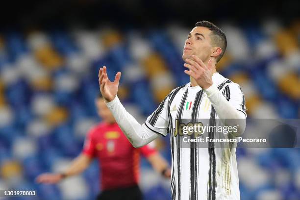 Cristiano Ronaldo of Juventus reacts during the Serie A match between SSC Napoli and Juventus at Stadio Diego Armando Maradona on February 13, 2021...