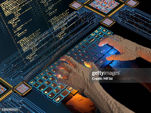 abstract 3d concept. pixel hands typing program code on the keyboard - robot typing stock pictures, royalty-free photos & images