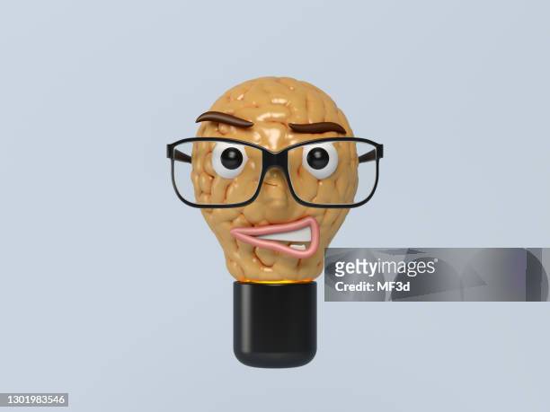 innovation and new ideas lightbulb concept cartoon face with eyeglasses - brain cartoon stock pictures, royalty-free photos & images