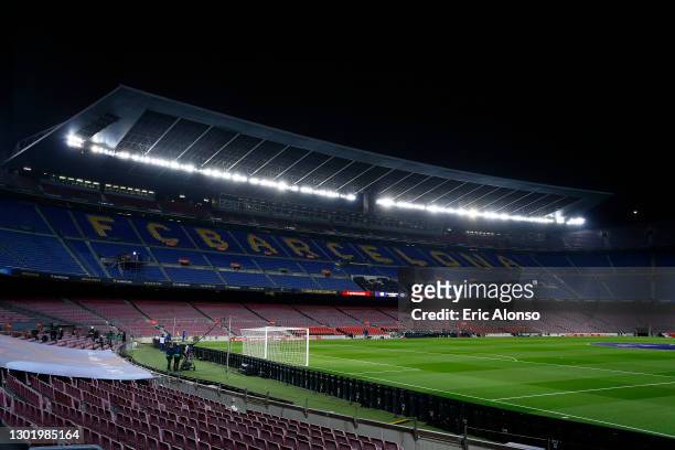 General view inside the stadium prior to the La Liga Santander match between FC Barcelona and Deportivo Alavés at Camp Nou on February 13, 2021 in...