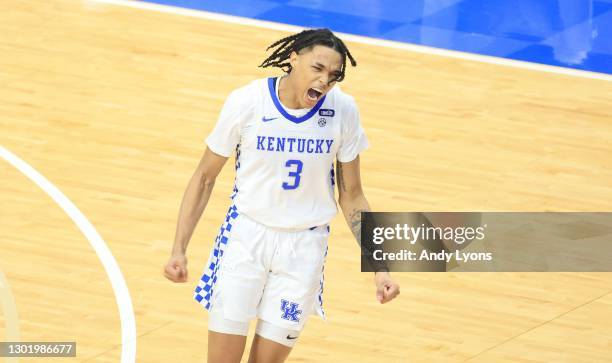 Brandon Boston Jr of the Kentucky Wildcats celebrates against the Auburn Tigers at Rupp Arena on February 13, 2021 in Lexington, Kentucky.