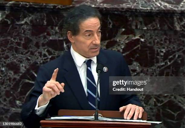 In this screenshot taken from a congress.gov webcast, lead House impeachment manager Rep. Jamie Raskin gives closing arguments on the fifth day of...