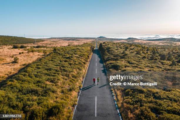 two people walking on an empty straight road - hitchhiking stock pictures, royalty-free photos & images