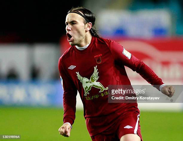 Bibras Natkho of FC Rubin Kazan celebrates after scoring a goal during the Russian Football League Championship match between FC Dynamo Moscow and FC...