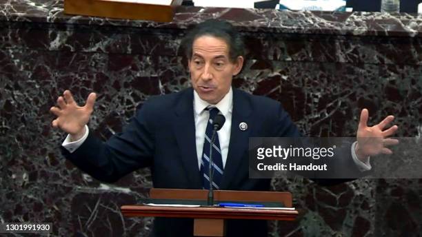In this screenshot taken from a congress.gov webcast, lead House impeachment manager Rep. Jamie Raskin gives closing arguments on the fifth day of...