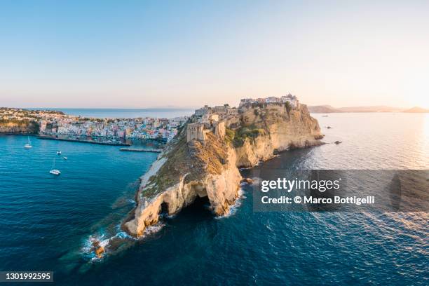 aerial view of procida island, gulf of naples, italy - procida stock-fotos und bilder