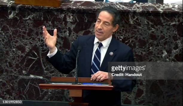 In this screenshot taken from a congress.gov webcast, lead House impeachment manager Rep. Jamie Raskin gives closing arguments on the fifth day of...