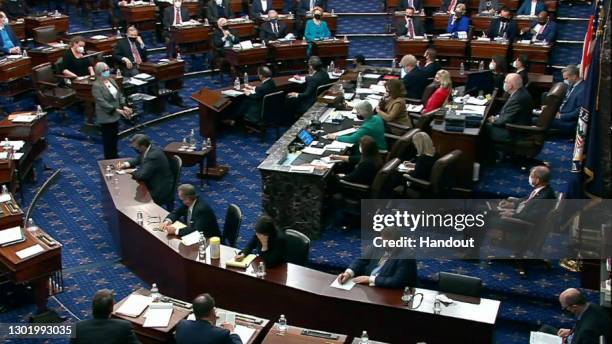 In this screenshot taken from a congress.gov webcast, the Senate votes on whether o convict on the fifth day of former President Donald Trump's...