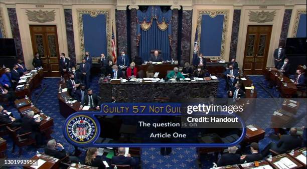 In this screenshot taken from a congress.gov webcast, Senate votes 57-43 to acquit on the fifth day of former President Donald Trump's second...