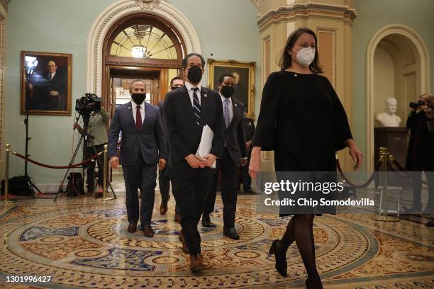 House impeachment managers, led by Rep. Jamie Raskin leave the Senate Chamber after the conclusion of former President Donald Trump's impeachment...